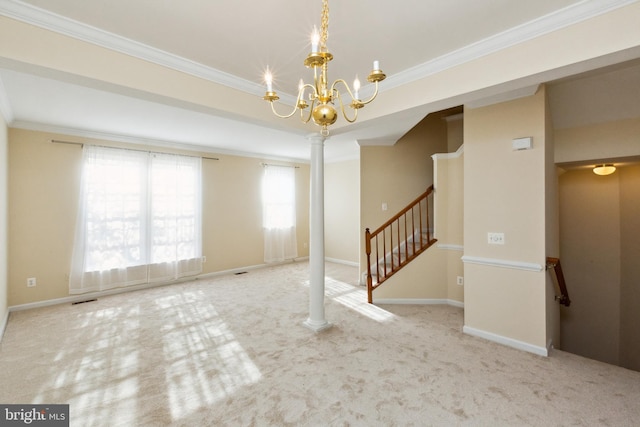1254 Corbett Pl, Woodbridge, VA 22191 - unfurnished living room with ornamental molding, carpet, a chandelier, stairway, and baseboards