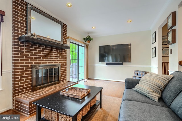 23 Faraday Dr, Lutherville Timonium, MD 21093 - living room with wood finished floors, a fireplace, recessed lighting, baseboards, and crown molding