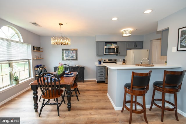 604 Remington Ct, Chalfont, PA 18914 - kitchen with appliances with stainless steel finishes, gray cabinetry, a peninsula, light wood-type flooring, and recessed lighting