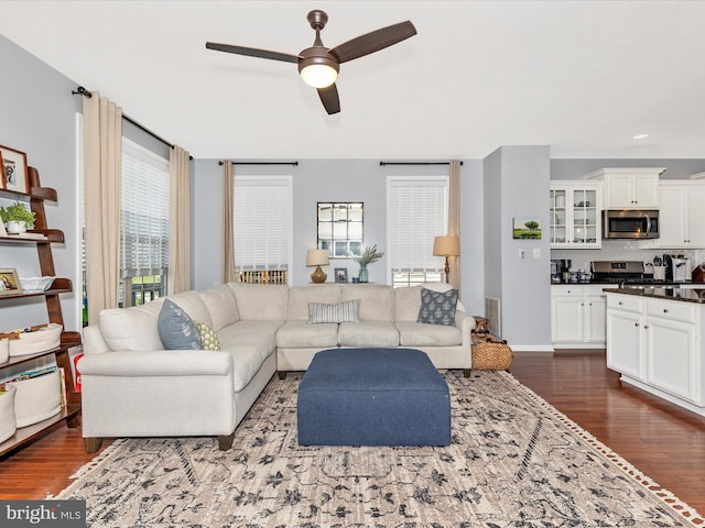 6540 Newton Dr, Frederick, MD 21703 - living area with a ceiling fan, dark wood finished floors, and recessed lighting