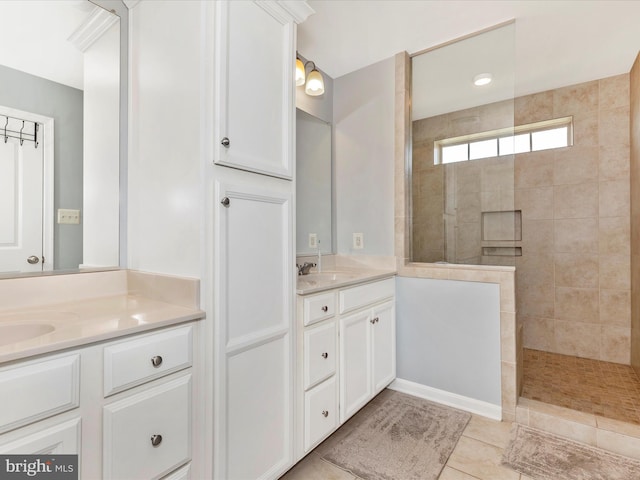 6540 Newton Dr, Frederick, MD 21703 - bathroom with a walk in shower, two vanities, and tile patterned flooring