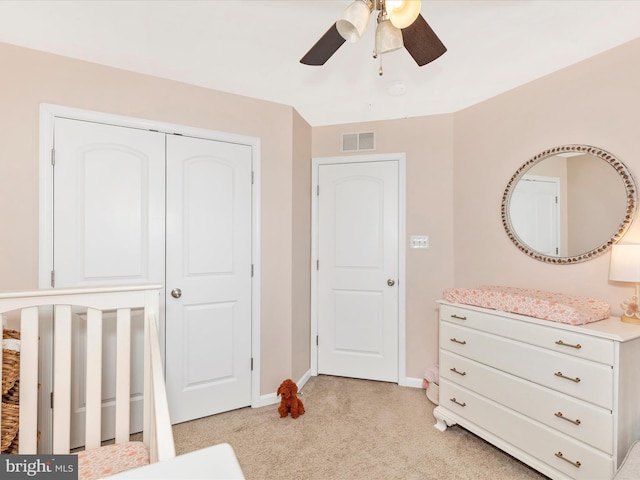 6540 Newton Dr, Frederick, MD 21703 - bedroom featuring light colored carpet, baseboards, a closet, and a ceiling fan