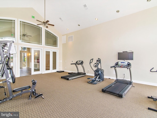 6540 Newton Dr, Frederick, MD 21703 - exercise room featuring ceiling fan, french doors, baseboards, high vaulted ceiling, and carpet