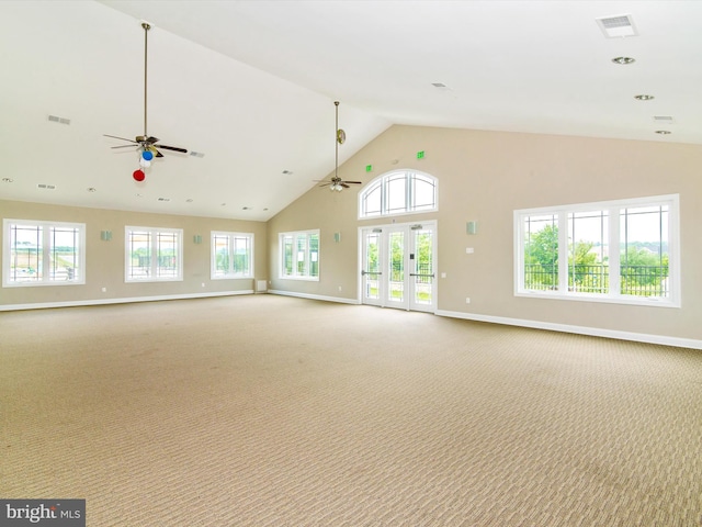 6540 Newton Dr, Frederick, MD 21703 - unfurnished living room featuring a ceiling fan, high vaulted ceiling, carpet floors, and baseboards