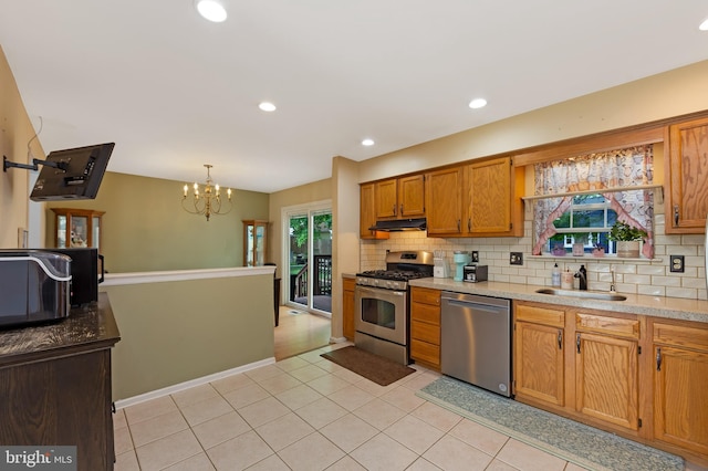 26 Juniper Ave, Somerdale, NJ 08083 - kitchen featuring appliances with stainless steel finishes, a sink, decorative backsplash, under cabinet range hood, and a chandelier