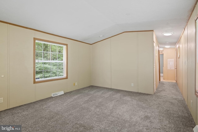 2519 Shureslanding Rd, Darlington, MD 21034 - unfurnished room with lofted ceiling, light carpet, ornamental molding, and a decorative wall