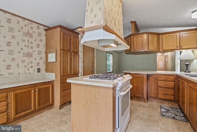 2519 Shureslanding Rd, Darlington, MD 21034 - kitchen with gas range gas stove, a textured ceiling, brown cabinets, and light countertops