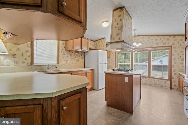 2519 Shureslanding Rd, Darlington, MD 21034 - kitchen with wallpapered walls, freestanding refrigerator, a sink, a kitchen island, and stainless steel gas stovetop