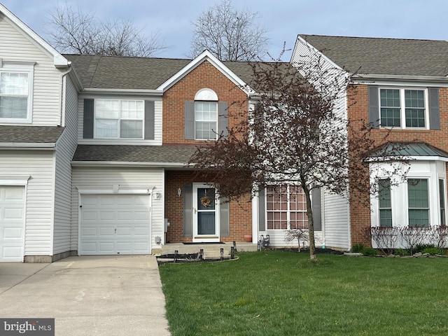 5 Windingbrook Rd, Bordentown, NJ 08505 - view of front of house with a garage, a front lawn, brick siding, concrete driveway, and roof with shingles