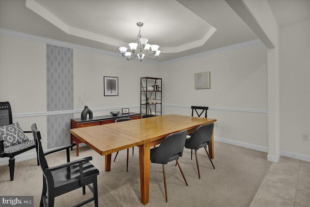 749 Seem Dr, Kutztown, PA 19530 - dining room with a raised ceiling, a chandelier, ornamental molding, light colored carpet, and baseboards