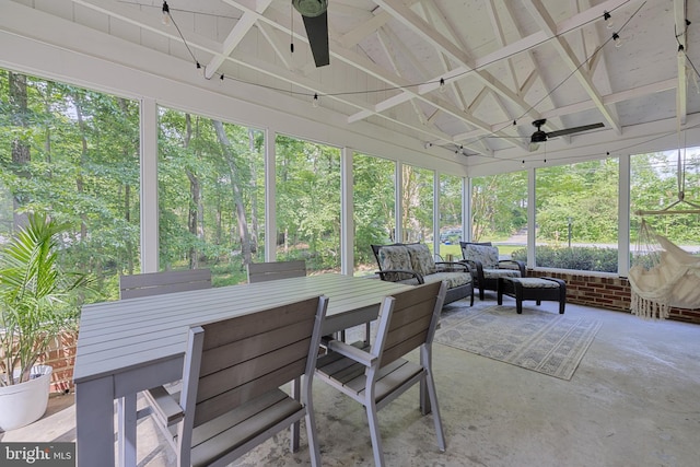 20720 Warfield Ct, Gaithersburg, MD 20882 - sunroom / solarium featuring ceiling fan, an outdoor hangout area, vaulted ceiling, and outdoor dining area
