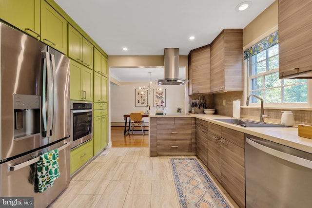 20720 Warfield Ct, Gaithersburg, MD 20882 - kitchen with appliances with stainless steel finishes, green cabinets, ventilation hood, light countertops, and backsplash