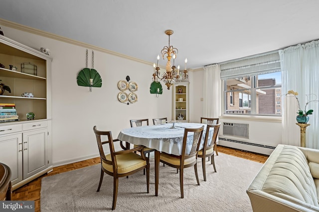 1301 N Harrison St Unit 708, Wilmington, DE 19806 - dining room featuring baseboard heating, a chandelier, and crown molding