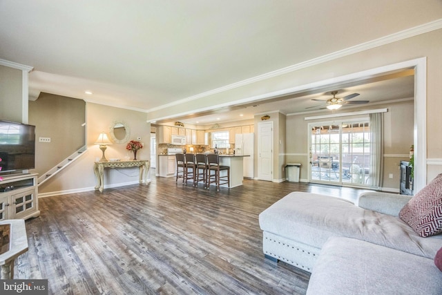 31 Bently Dr, Sewell, NJ 08080 - living area featuring ornamental molding, dark wood finished floors, recessed lighting, baseboards, and ceiling fan