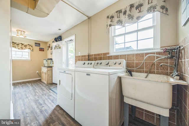 31 Bently Dr, Sewell, NJ 08080 - washroom with washer and dryer, dark wood-style floors, tile walls, and baseboards