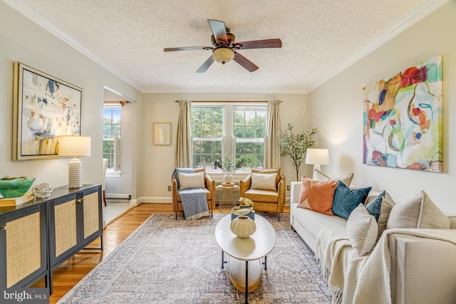715 S Washington St Unit A-13, Alexandria, VA 22314 - living room with wood finished floors, a textured ceiling, a ceiling fan, baseboard heating, and crown molding
