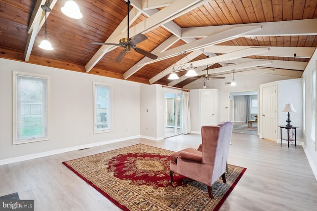 12804 Brunswick Ln, Bowie, MD 20715 - sitting room featuring a ceiling fan, wooden ceiling, light wood finished floors, and baseboards