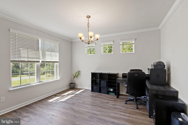 251 Rock Raymond Dr, Stafford, VA 22554 - office with a chandelier, wood finished floors, crown molding, and baseboards