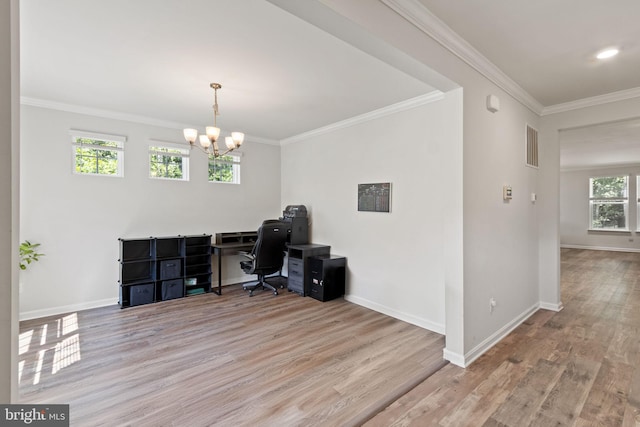 251 Rock Raymond Dr, Stafford, VA 22554 - office featuring wood finished floors, a chandelier, ornamental molding, and baseboards