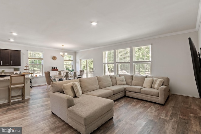251 Rock Raymond Dr, Stafford, VA 22554 - living room featuring a chandelier, crown molding, light wood-type flooring, baseboards, and recessed lighting