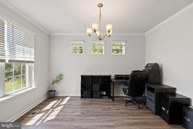 251 Rock Raymond Dr, Stafford, VA 22554 - office area with a chandelier, ornamental molding, wood finished floors, and baseboards