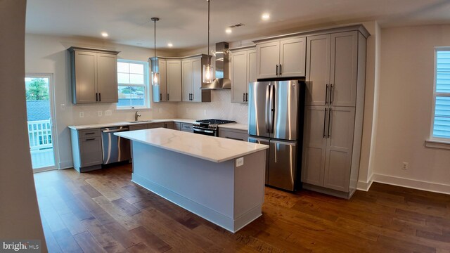 404 E 7th Ave Lot 3, Conshohocken, PA 19428 - kitchen with appliances with stainless steel finishes, wall chimney exhaust hood, gray cabinets, a sink, and tasteful backsplash