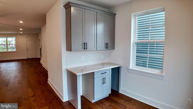 404 E 7th Ave Lot 3, Conshohocken, PA 19428 - kitchen featuring gray cabinetry, dark wood finished floors, baseboards, backsplash, and recessed lighting