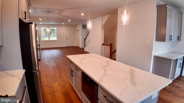 404 E 7th Ave Lot 3, Conshohocken, PA 19428 - kitchen with freestanding refrigerator, recessed lighting, dark wood-style flooring, gray cabinetry, and decorative light fixtures