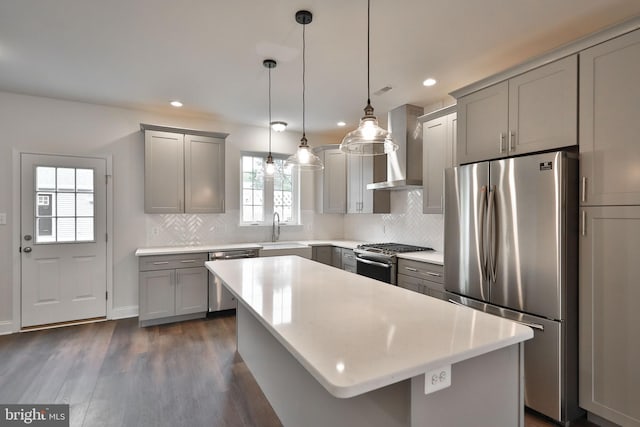 404 E 7th Ave Lot 3, Conshohocken, PA 19428 - kitchen with stainless steel appliances, wall chimney exhaust hood, gray cabinets, a sink, and recessed lighting