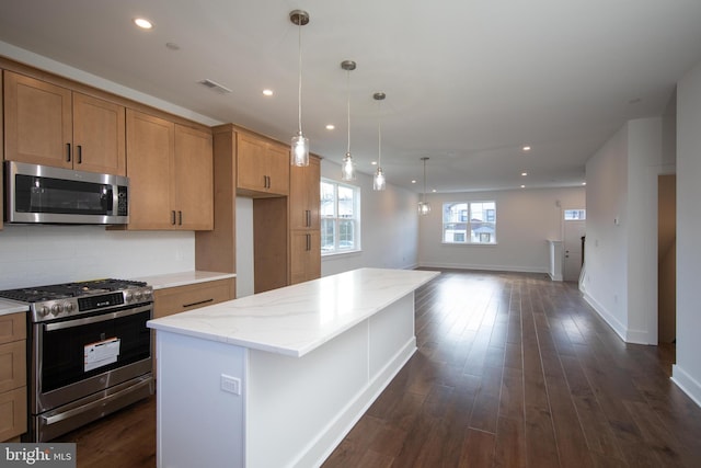 404 E 7th Ave Lot 3, Conshohocken, PA 19428 - kitchen with stainless steel appliances, a center island, recessed lighting, dark wood-style flooring, and baseboards