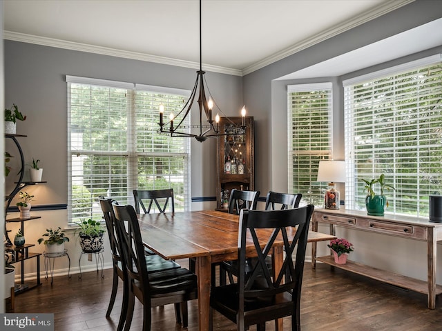 21526 Golden Autumn Pl, Broadlands, VA 20148 - dining space with dark wood-style flooring, a chandelier, crown molding, and plenty of natural light