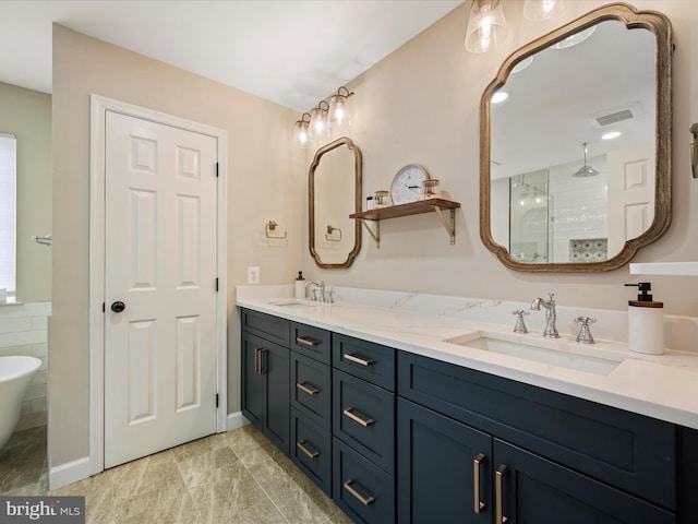 21526 Golden Autumn Pl, Broadlands, VA 20148 - full bath with double vanity, tiled shower, marble look tiles, and a freestanding tub