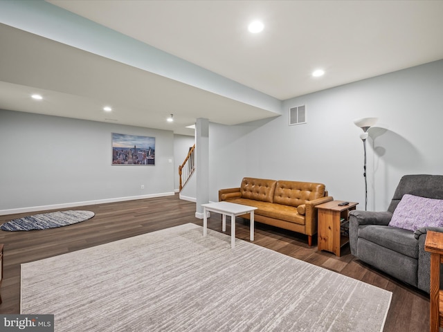 21526 Golden Autumn Pl, Broadlands, VA 20148 - living room featuring wood finished floors, recessed lighting, and stairway