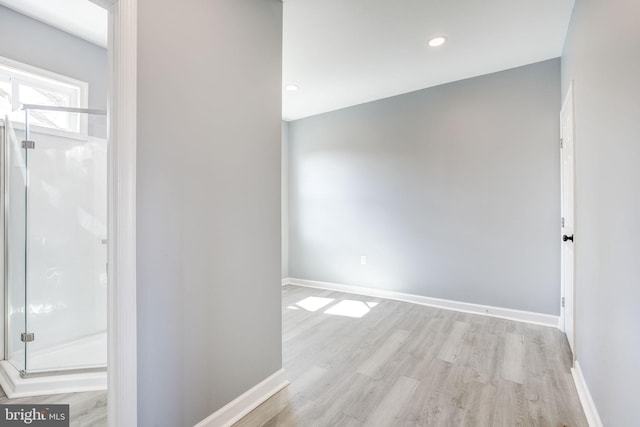 2915 Baker St, Baltimore, MD 21216 - bathroom with wood finished floors, baseboards, a stall shower, and recessed lighting