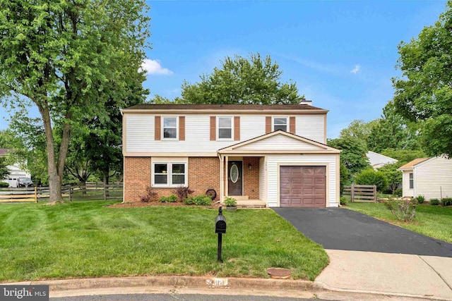 3414 Tyburn Tree Ct, Herndon, VA 20171 - view of front of home featuring asphalt driveway, brick siding, a garage, and a chimney