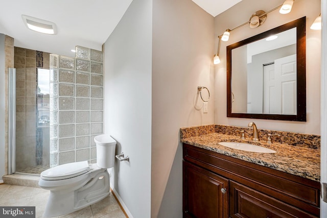 3414 Tyburn Tree Ct, Herndon, VA 20171 - bathroom featuring toilet, vanity, a stall shower, tile patterned floors, and baseboards