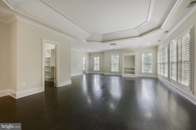 1496 Evans Farm Dr, Mclean, VA 22101 - unfurnished living room with a raised ceiling, dark wood-style floors, baseboards, and ornamental molding