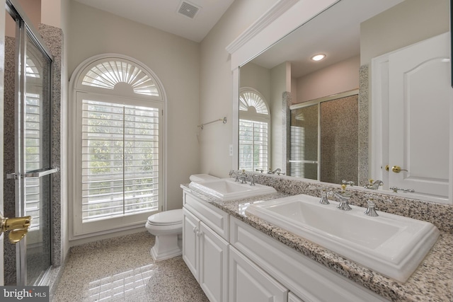 1496 Evans Farm Dr, Mclean, VA 22101 - full bathroom with toilet, a stall shower, double vanity, plenty of natural light, and recessed lighting