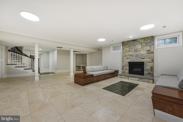 1496 Evans Farm Dr, Mclean, VA 22101 - living area with stairway, a fireplace, light tile patterned flooring, and baseboards