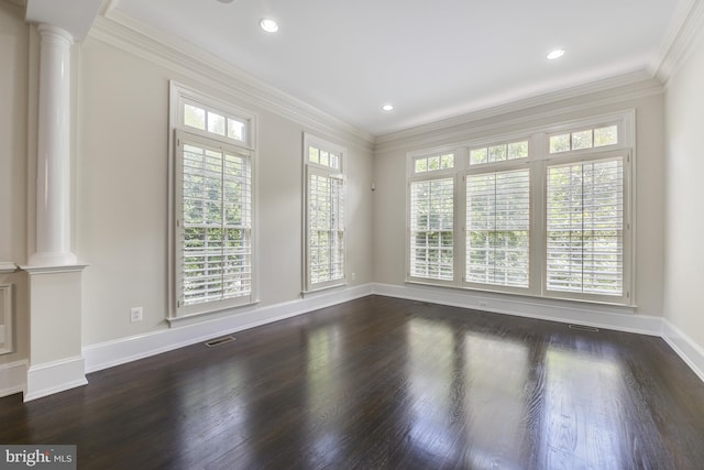 1496 Evans Farm Dr, Mclean, VA 22101 - unfurnished room with decorative columns, dark wood-style floors, baseboards, crown molding, and recessed lighting