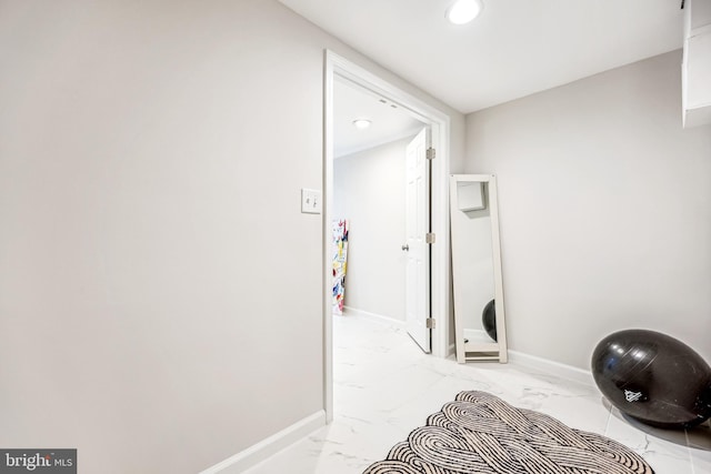 11700 Seven Locks Rd, Potomac, MD 20854 - exercise area with baseboards, light marble finish floors, and recessed lighting