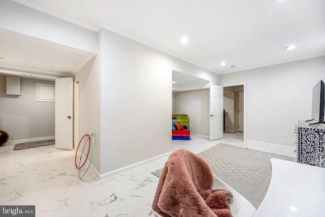 11700 Seven Locks Rd, Potomac, MD 20854 - living area with crown molding, recessed lighting, light marble finish floors, and baseboards