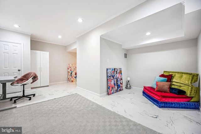 11700 Seven Locks Rd, Potomac, MD 20854 - game room featuring recessed lighting, marble look tiles, ornamental molding, and baseboards
