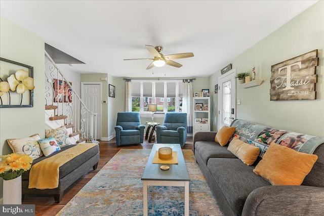 515 Terravilla Ln, Ridley Park, PA 19078 - living room featuring wood finished floors, stairs, and a ceiling fan