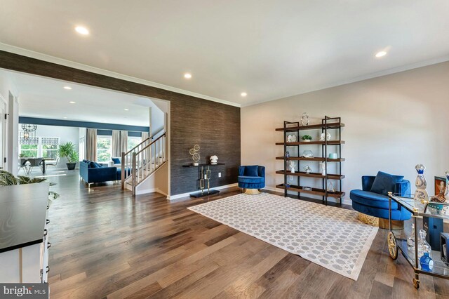 24824 Scarlet Maple Ct, Aldie, VA 20105 - living area featuring stairs, baseboards, ornamental molding, wood finished floors, and recessed lighting