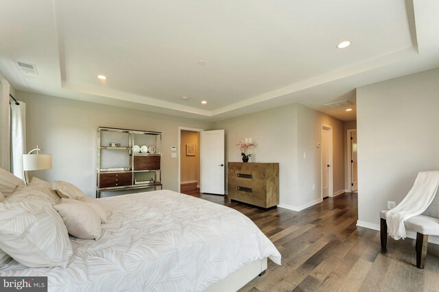 24824 Scarlet Maple Ct, Aldie, VA 20105 - bedroom featuring a tray ceiling, dark wood finished floors, recessed lighting, and baseboards