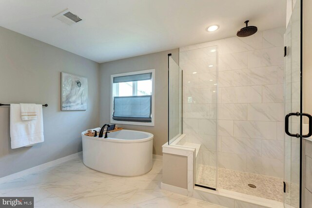 24824 Scarlet Maple Ct, Aldie, VA 20105 - full bath with a stall shower, baseboards, marble finish flooring, a freestanding tub, and recessed lighting