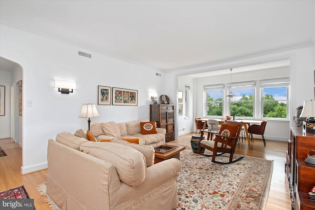 3601 Connecticut Ave NW Unit 816, Washington, DC 20008 - living room featuring arched walkways, light wood-style flooring, and crown molding