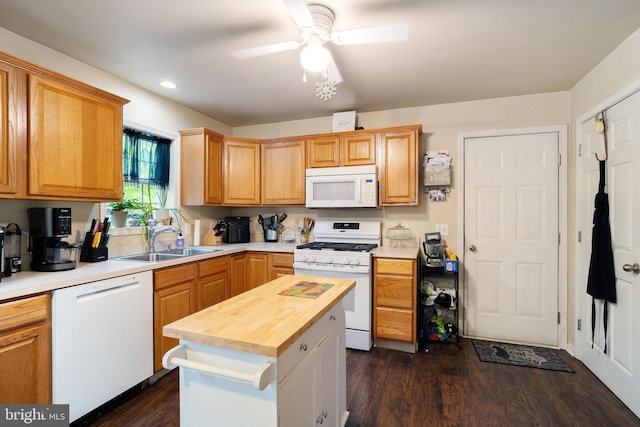 519 Thomas, Little Egg Harbor Twp, NJ 08087 - kitchen featuring white appliances, wood counters, a sink, dark wood finished floors, and a ceiling fan