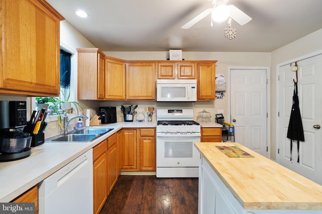 519 Thomas, Little Egg Harbor Twp, NJ 08087 - kitchen featuring white appliances, a sink, butcher block countertops, dark wood-style flooring, and a ceiling fan
